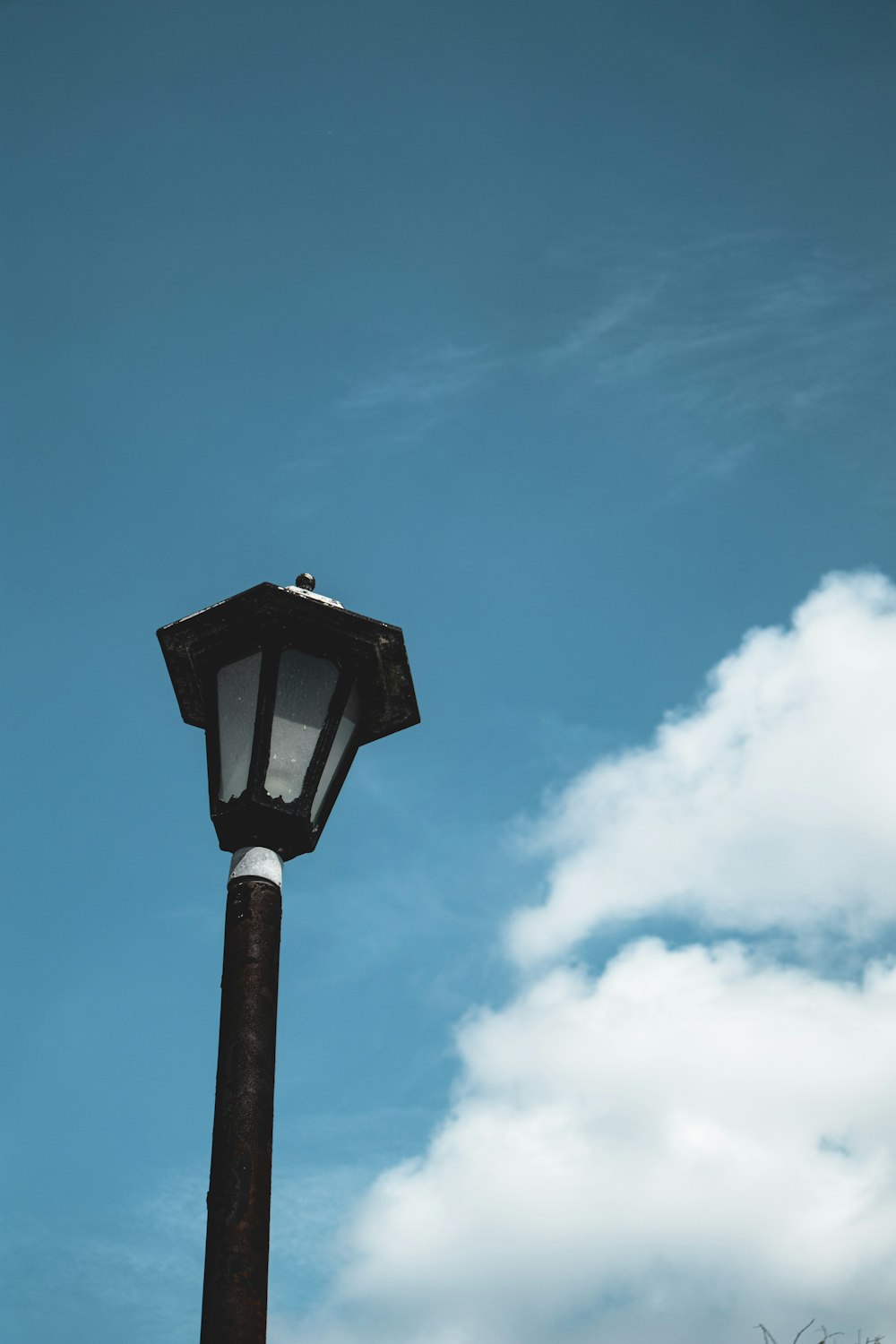 a lamp post with a bird on top of it