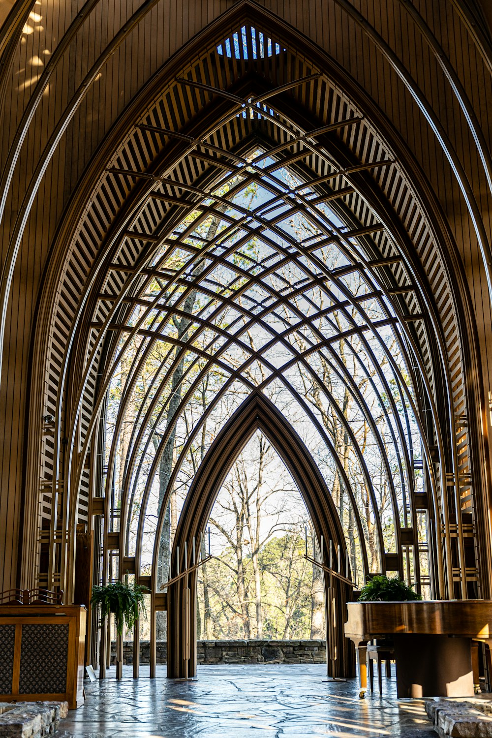 a large cathedral with a piano in the middle of it