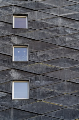 A building facade with a geometric pattern featuring diamond-shaped panels in dark tones. Three rectangular windows are spaced vertically, interrupting the pattern. The surface texture of the panels shows variations in shading and weathering.