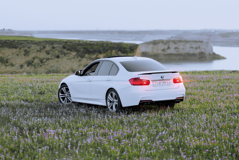 a white car parked in a field of flowers