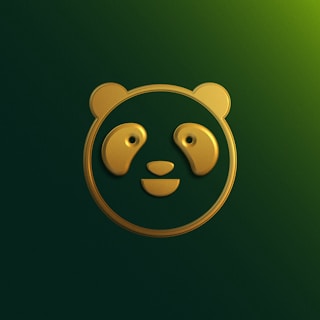 A stylized gold panda face design is set against a dark green background. The panda features are simple and geometric, conveying a minimalist and modern aesthetic.