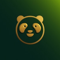 A stylized gold panda face design is set against a dark green background. The panda features are simple and geometric, conveying a minimalist and modern aesthetic.