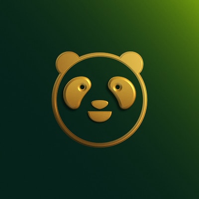 A stylized gold panda face design is set against a dark green background. The panda features are simple and geometric, conveying a minimalist and modern aesthetic.