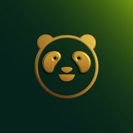 A stylized gold panda face design is set against a dark green background. The panda features are simple and geometric, conveying a minimalist and modern aesthetic.