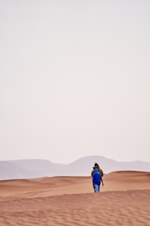 a person walking across a desert with mountains in the background