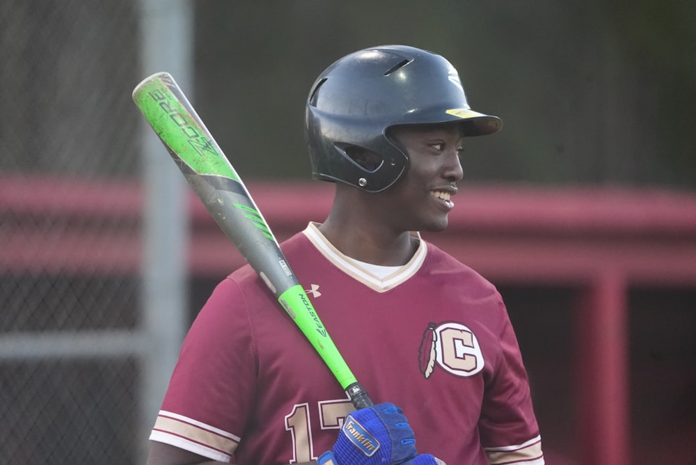 a baseball player holding a bat on a field