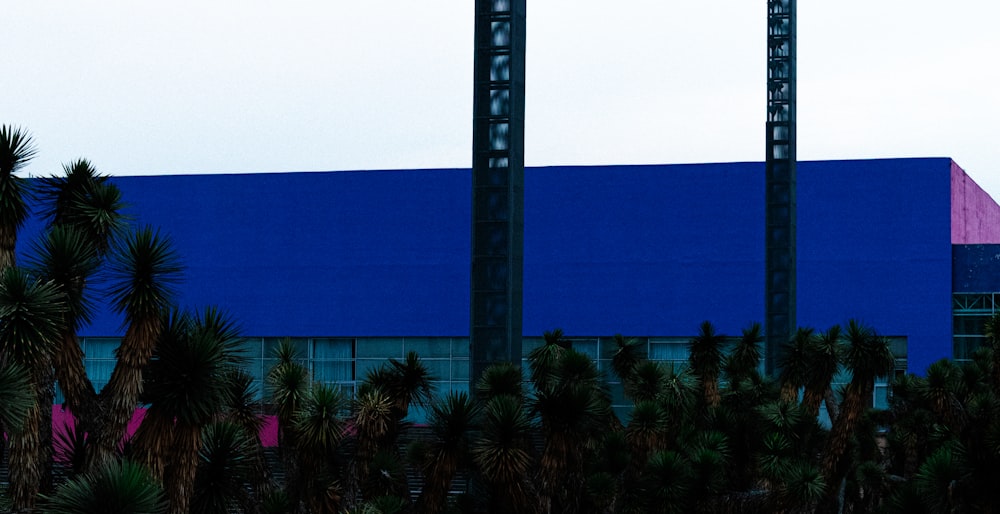 a large blue building with palm trees in front of it