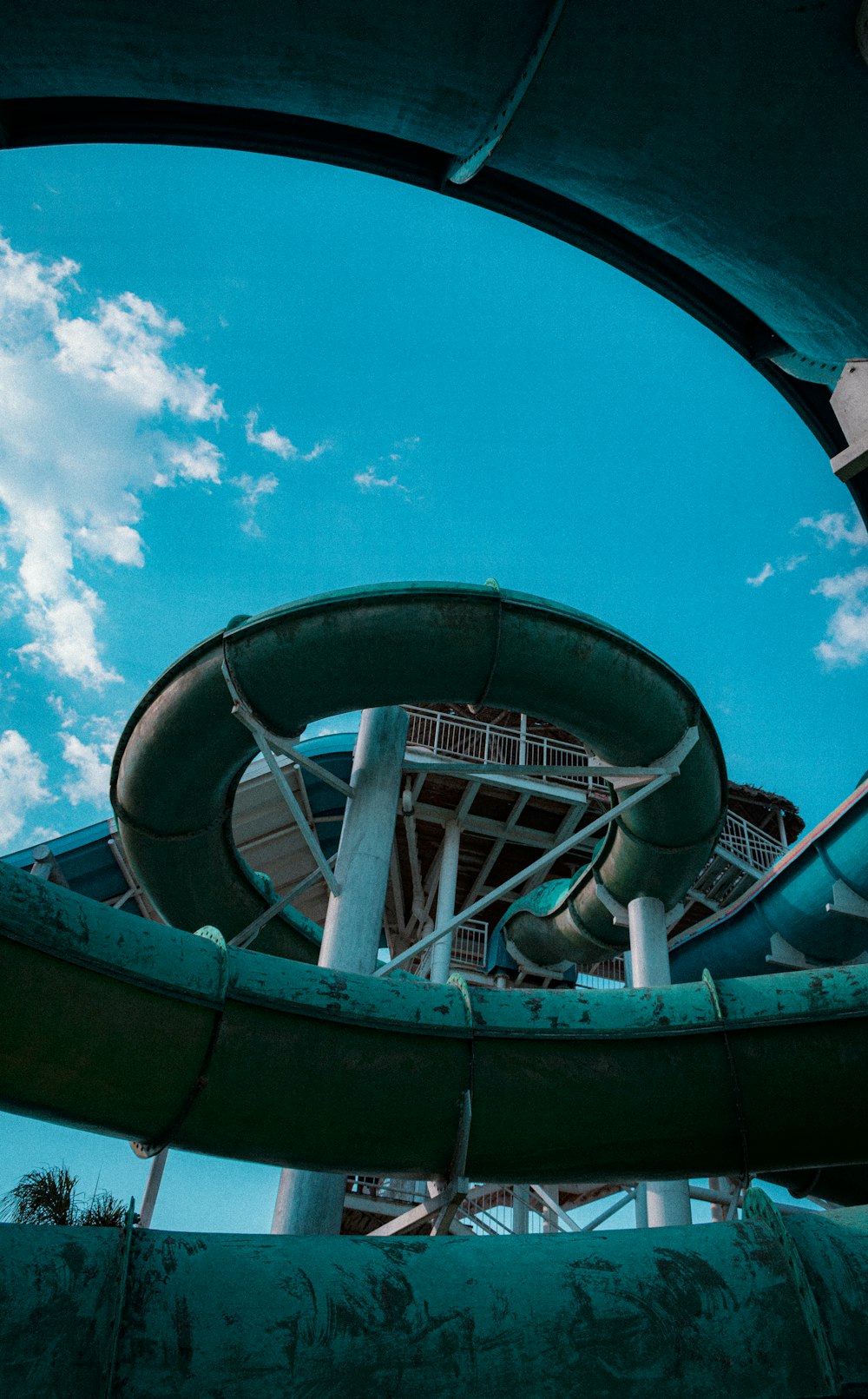 a view of a water slide from below