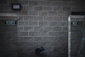 Outdoor restrooms with signs for women and men mounted on a masonry wall. The lighting is dim, creating a slightly somber atmosphere. A water fountain is visible beneath the men’s sign.