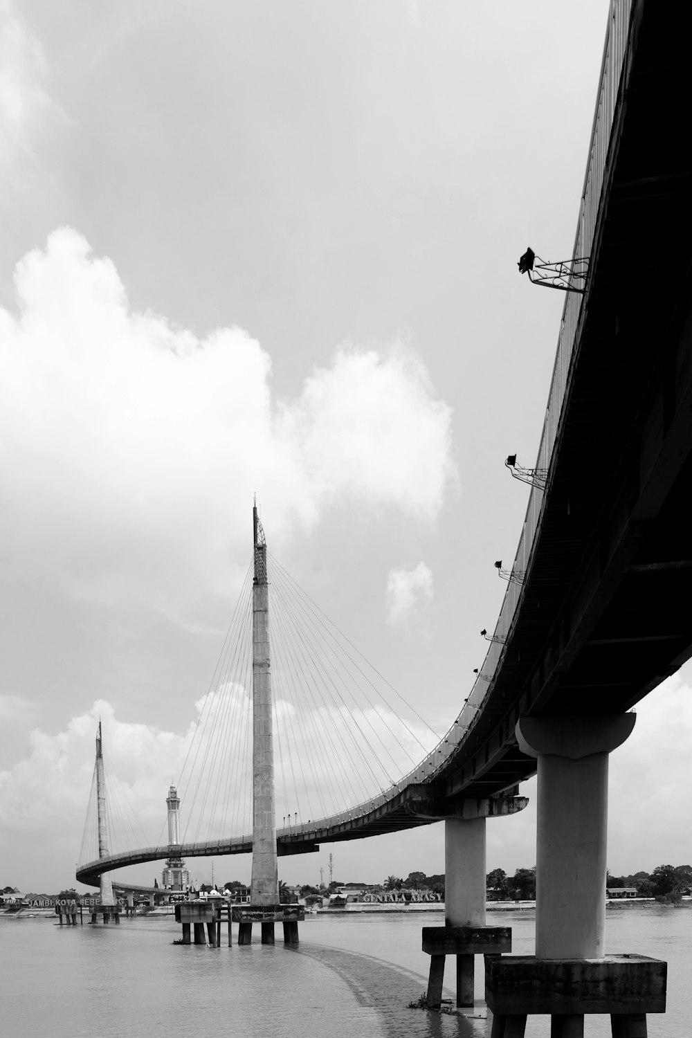 a black and white photo of a bridge over water