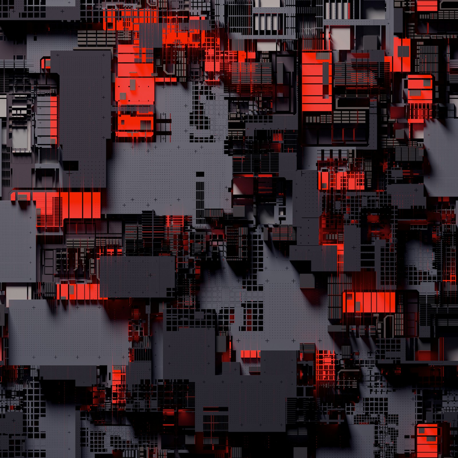 A computer generated image of a city with red lights
