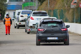 Several cars are lined up on a road, with a person wearing a bright orange safety vest and red pants standing to the side. The rear of a black car with a visible license plate is in the foreground, followed by another car on a trailer and additional vehicles in a row. The setting appears to be a road or checkpoint area, with slight greenery visible on the side.