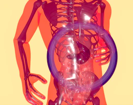 a skeleton with a purple ring around it's neck