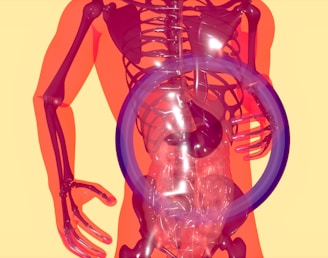 a skeleton with a purple ring around it's neck
