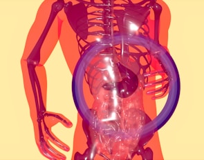 a skeleton with a purple ring around it's neck