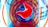 A stylized, abstract representation of a human stomach in bright red against a backdrop of circular blue and orange radiating patterns. The composition includes outlines of human hands in a blue hue, suggesting a gesture or focus towards the stomach.