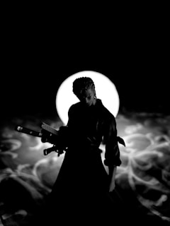 A silhouetted figure stands prominently against a backdrop of a bright, circular light. The character holds two swords and is likely a warrior or samurai, depicted in an action-ready pose. The background features swirling patterns reminiscent of smoke or mist.