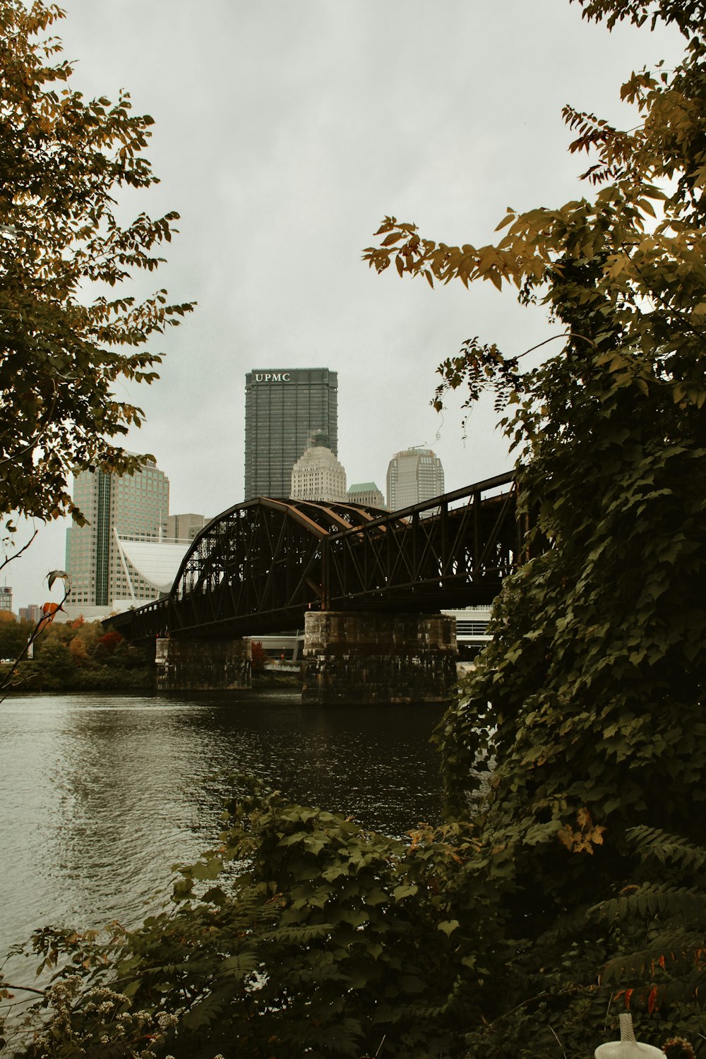 Un puente sobre un río con una ciudad al fondo