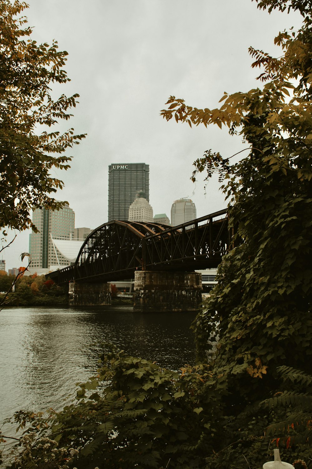 a bridge over a river with a city in the background