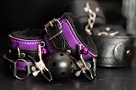 A collection of BDSM accessories including a purple and black collar, a ball gag, and metal clamps on a dark surface. The leather and metal materials reflect light, creating a glossy appearance.