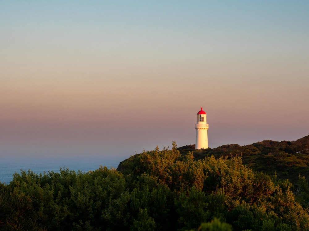 a white and red light house sitting on top of a hill