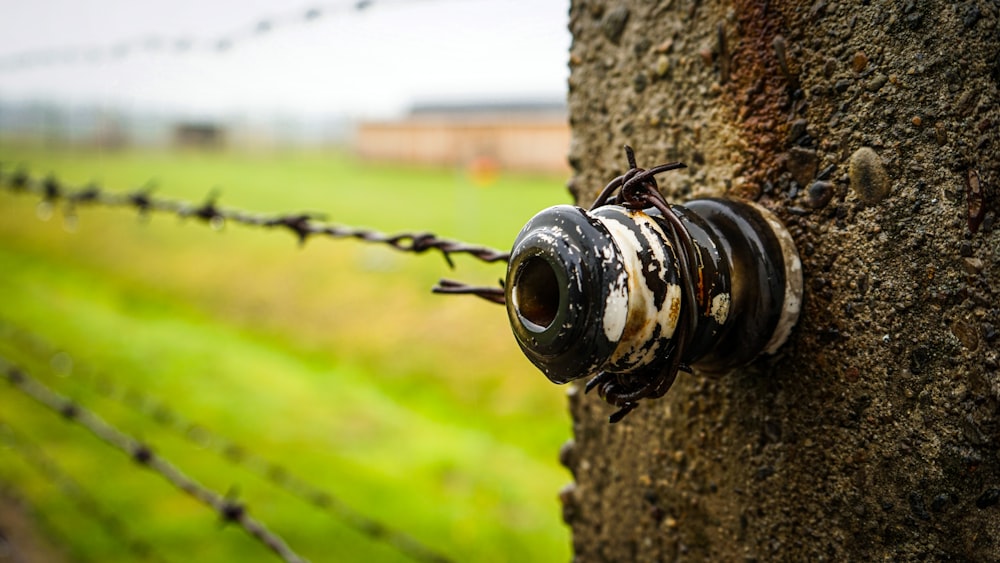 a close up of a barbed wire fence