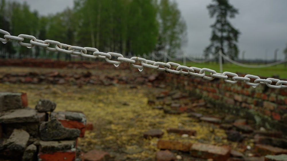 a chain link fence with a field in the background