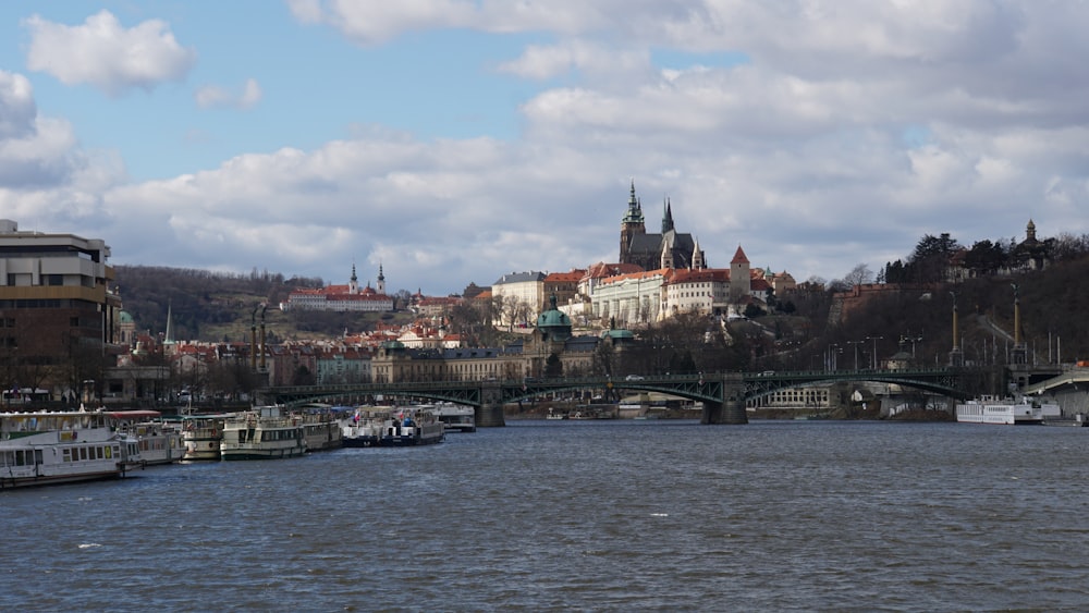 a body of water with a bridge and buildings in the background