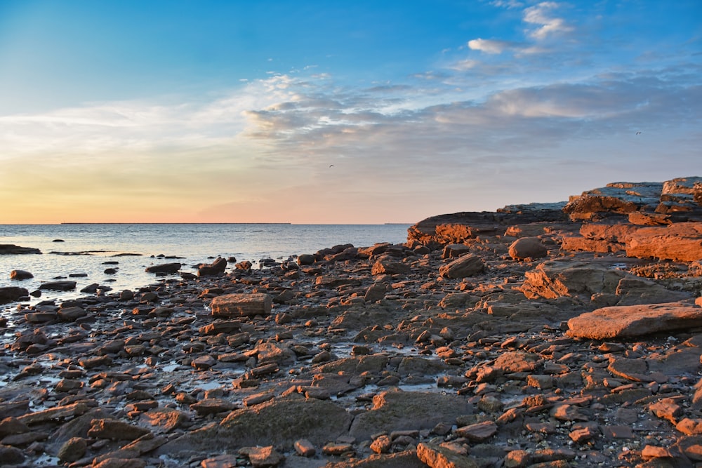 a rocky beach with a body of water in the background