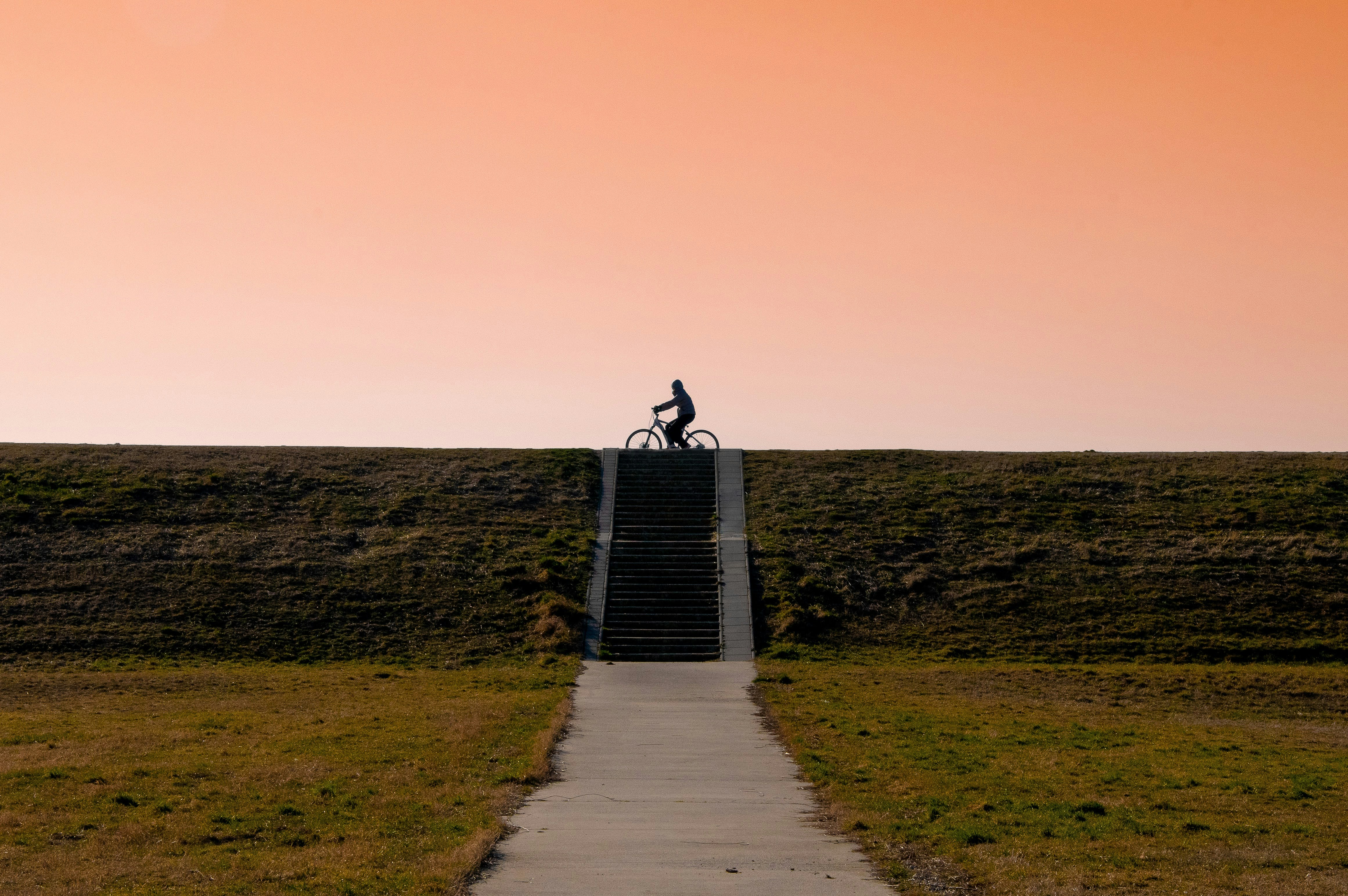 dam, bike, orange, sky, grass, stairs, 