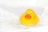 A bright yellow rubber duck with question marks floating around it.