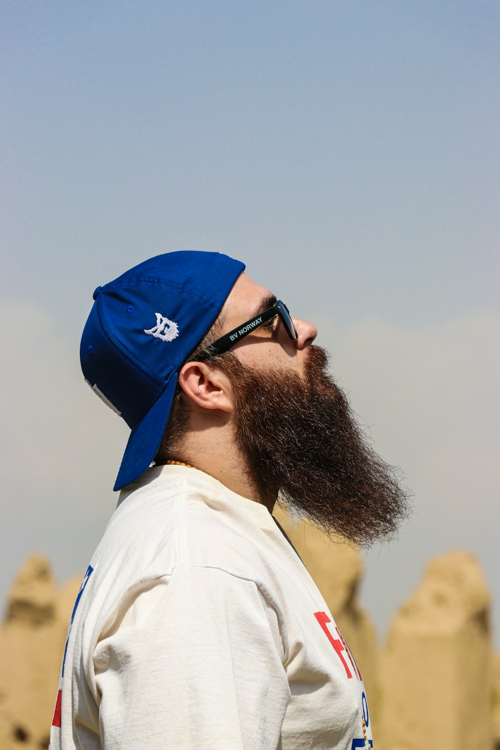 a man with a long beard wearing a blue hat