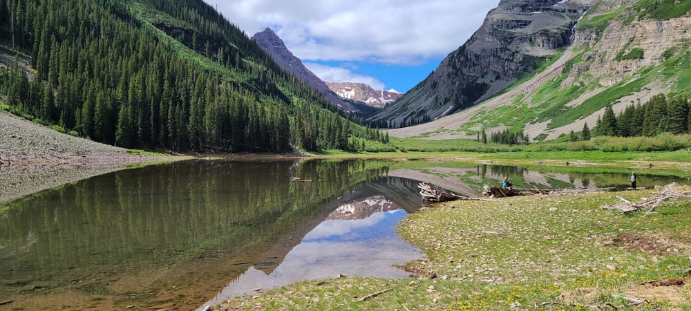 a lake surrounded by mountains and trees