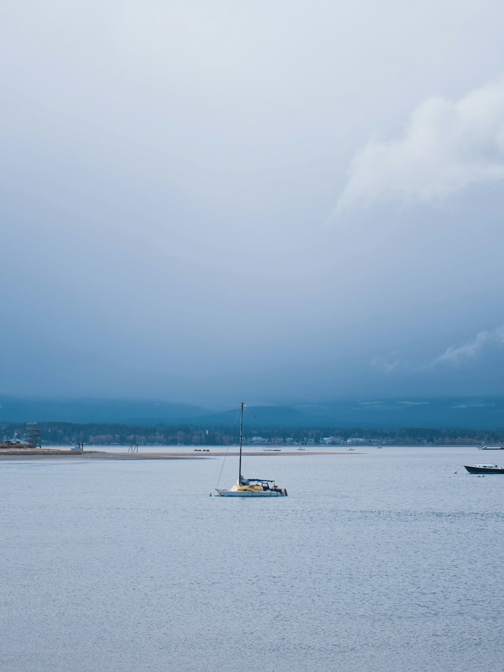 a couple of boats floating on top of a large body of water