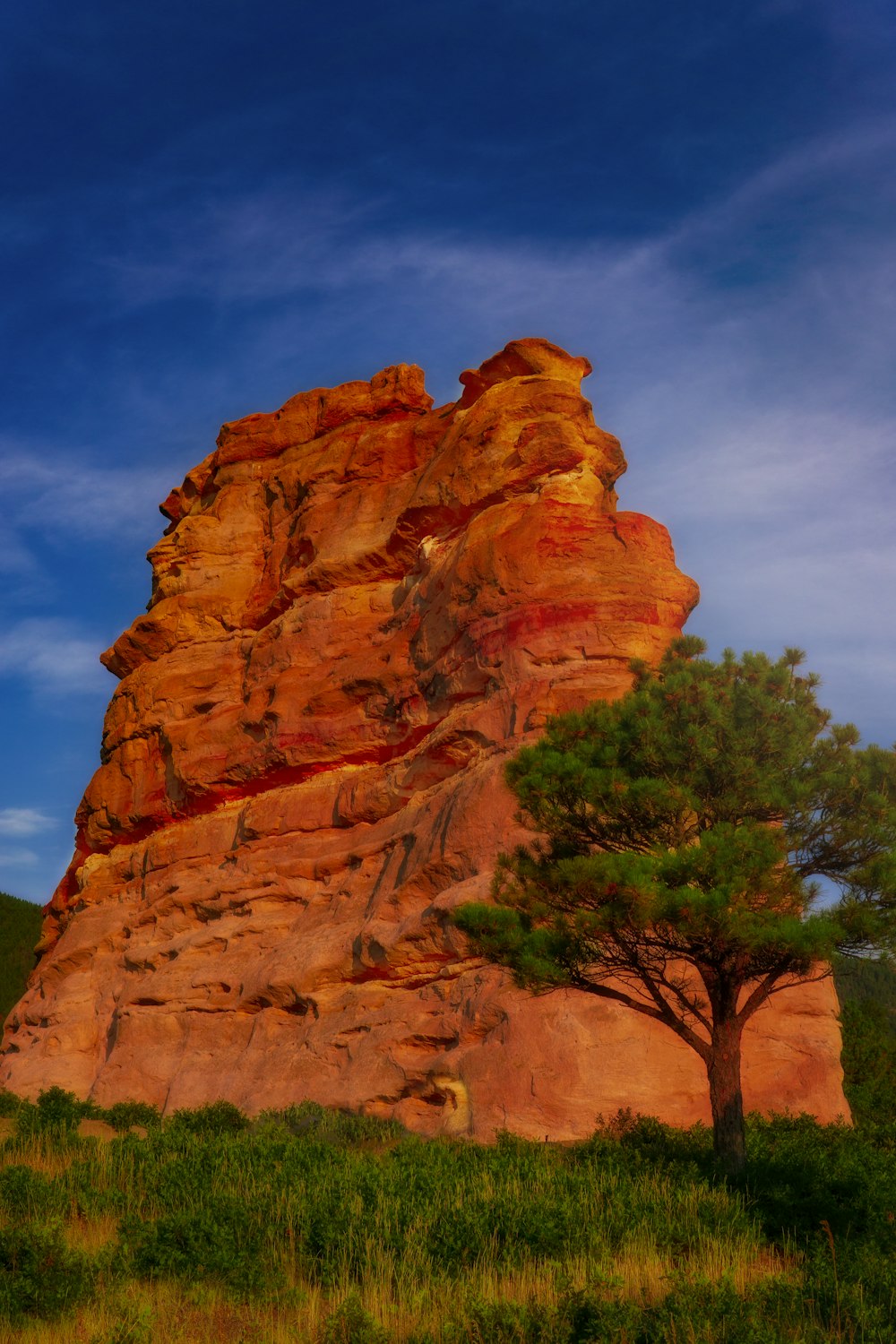a large rock formation with a tree in the foreground