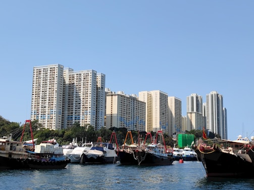 A vibrant harbor scene with luxury boats docked against the Dubai skyline under a clear sky.