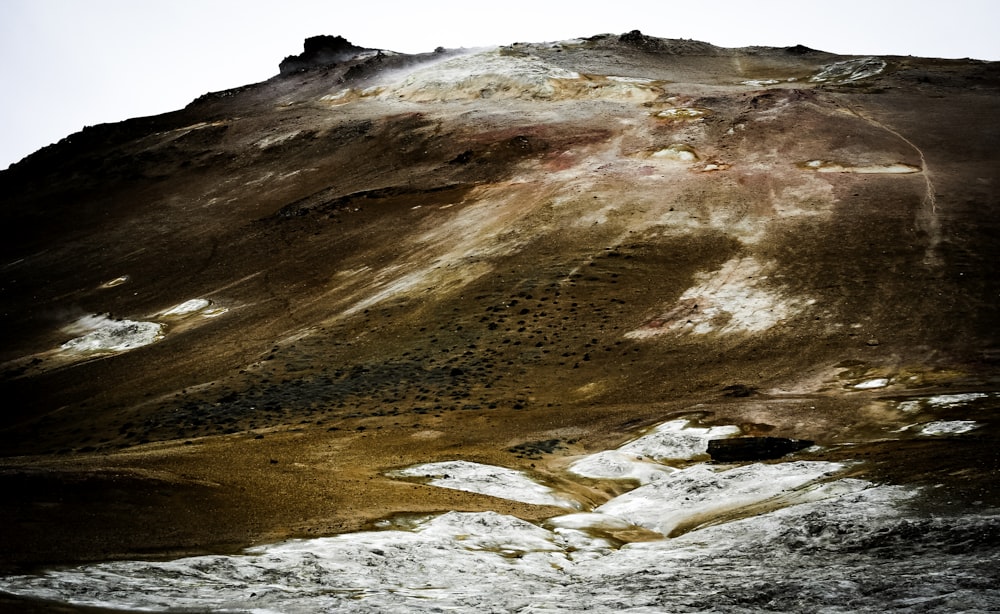 a mountain covered in snow with a sky background