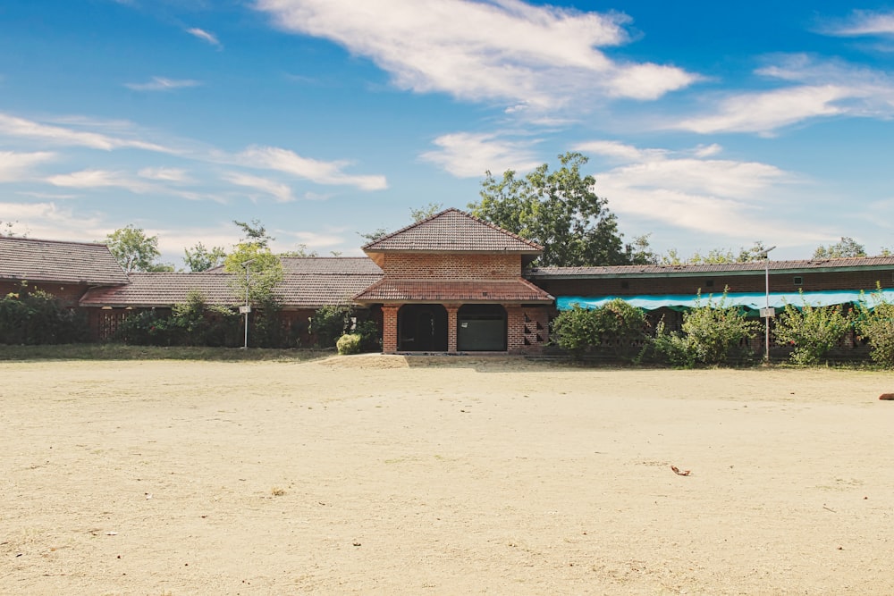 a building with a blue awning in front of it