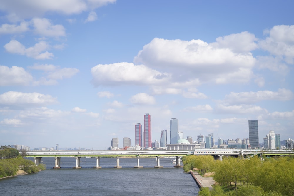 a bridge over a river with a city in the background