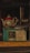 A vintage teal radio with dials and a speaker grill sits prominently on a wooden surface. In the background, there is an ornate teapot with a red lid and decorative images on its sides.