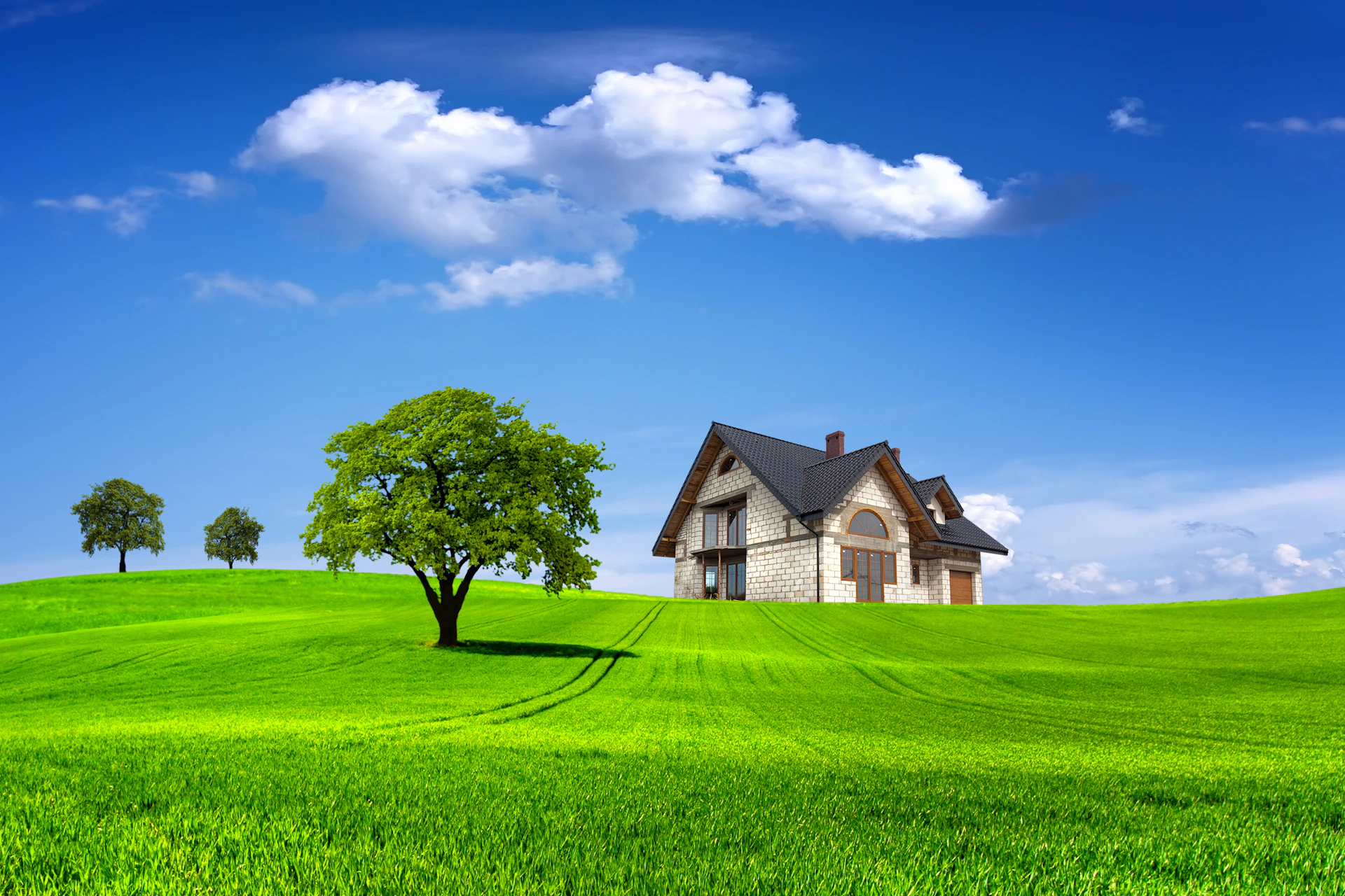 a house on a hill with a tree in the foreground