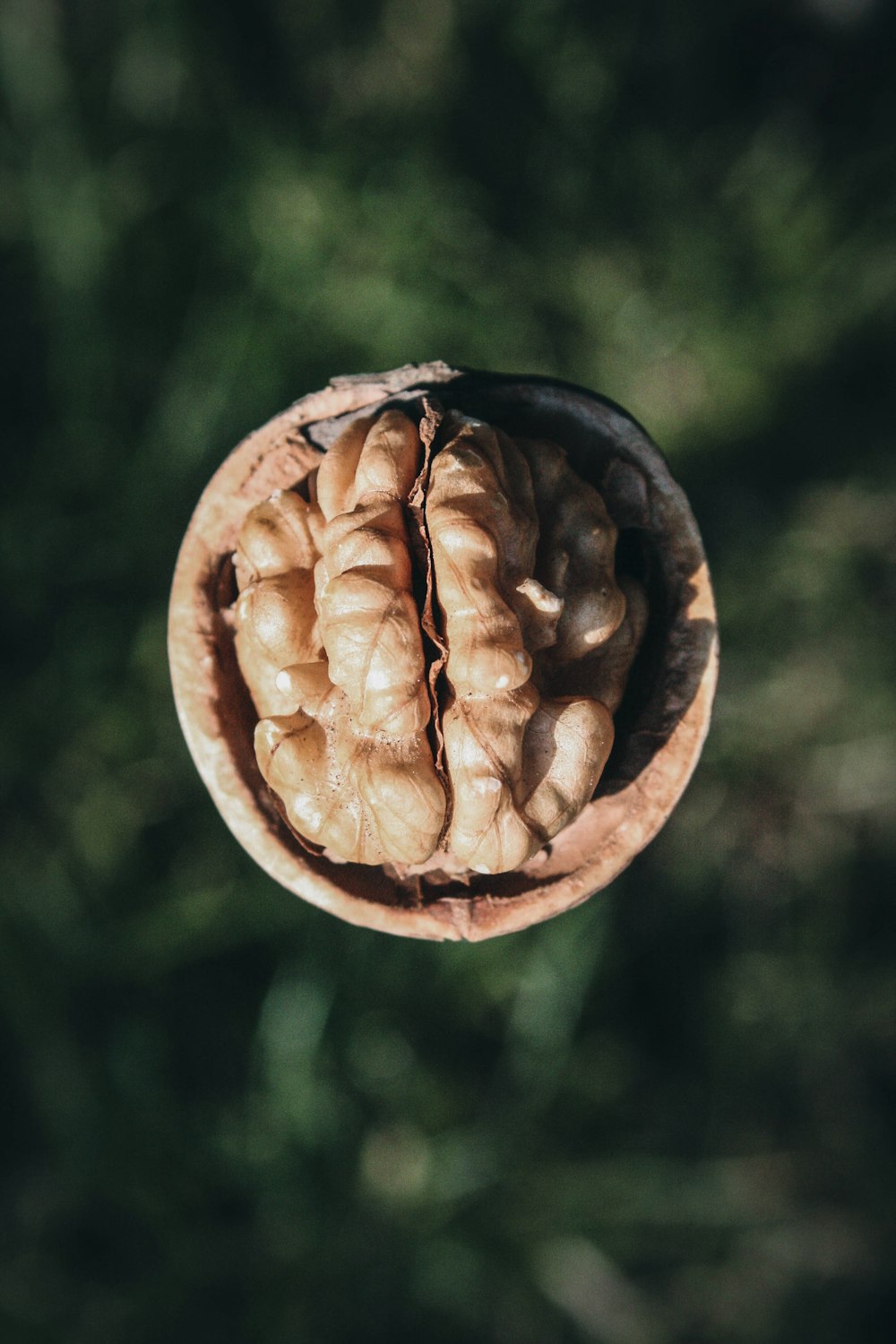 an overhead view of walnuts in a wooden bowl