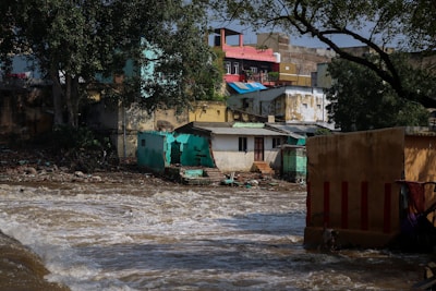 Several buildings in disrepair are close to a turbulent water body. The buildings appear weathered and some are dilapidated. There is debris scattered around the buildings. Tall trees and some vegetation are present near the structures. The sky is clear with bright daylight.
