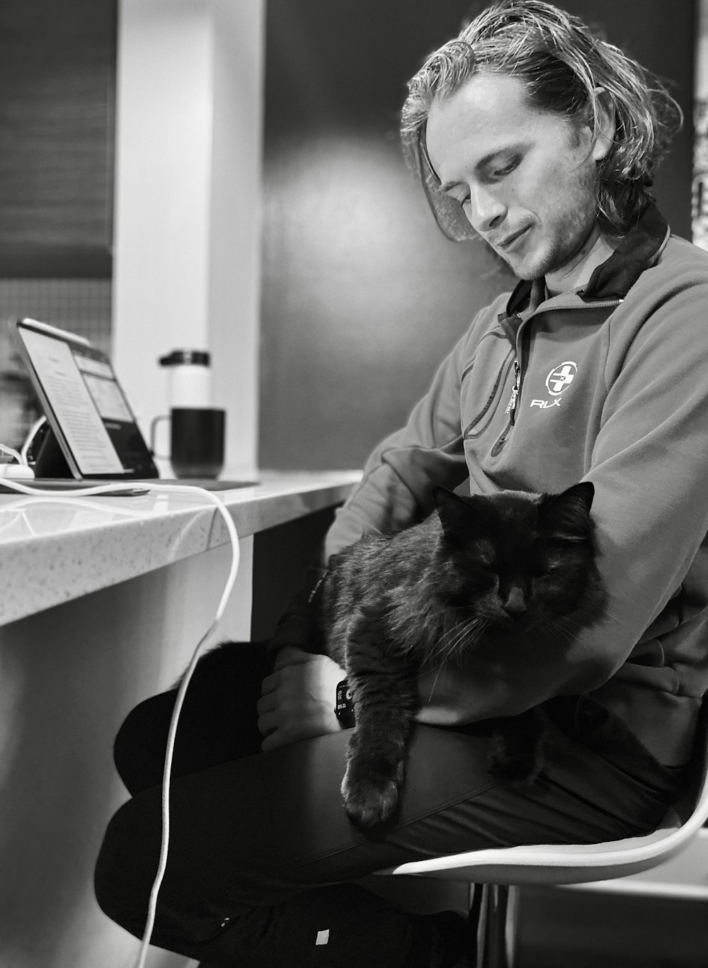 a person with a cat sitting on top of a laptop