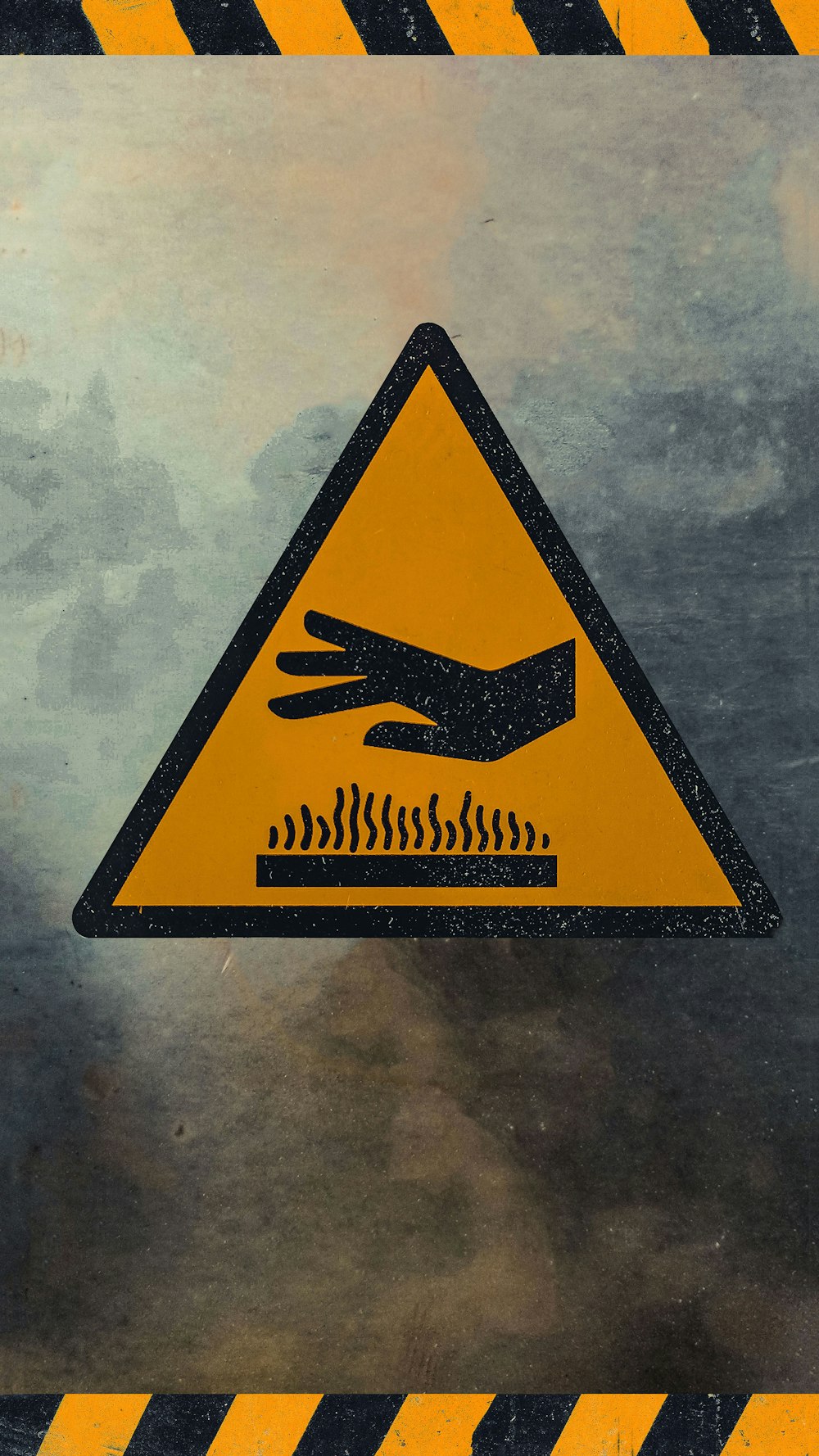 a yellow and black hazard sign with a hand coming out of it