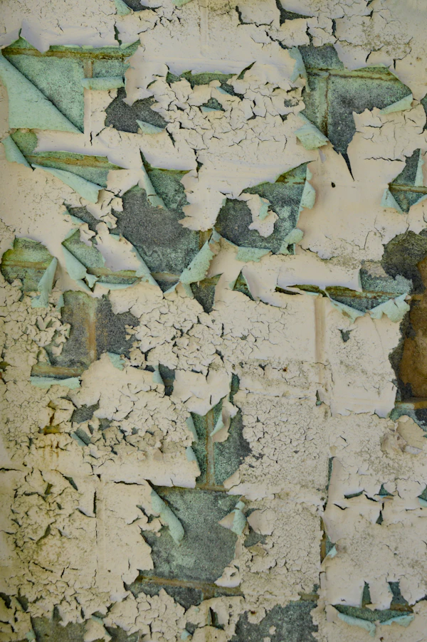 A wall showing peeling, flaking paint pulling away from the surface underneath.