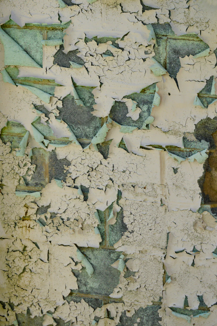 A wall showing peeling, flaking paint pulling away from the surface underneath.