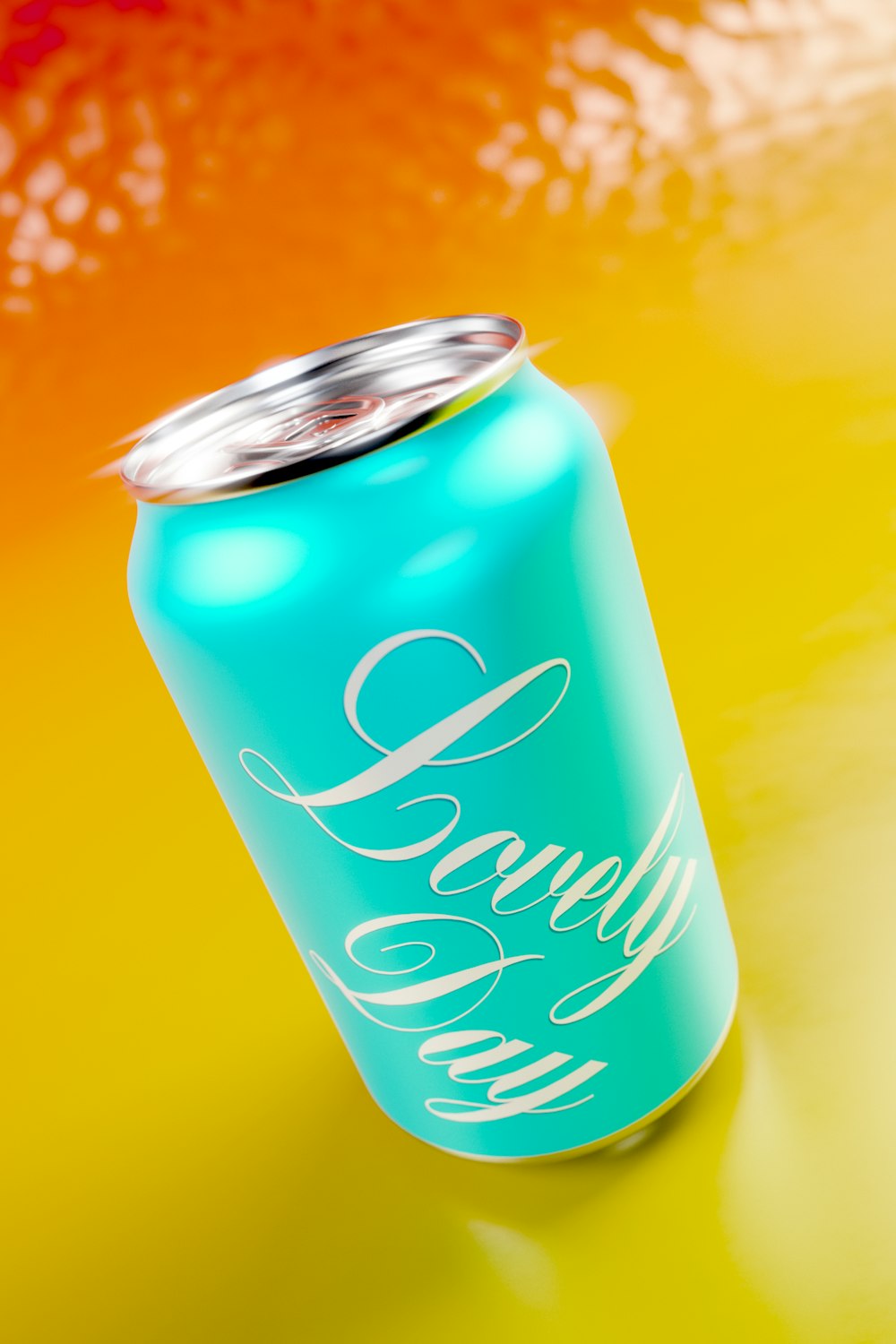 a can of soda sitting on top of a yellow and orange table