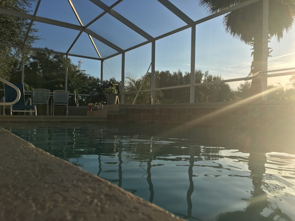 An outdoor pool area with a glass enclosure, surrounded by trees and plants. The sunlight filters through, creating a warm glow over the water. Several patio chairs and tables are arranged beside the pool, and a palm tree is prominently visible.