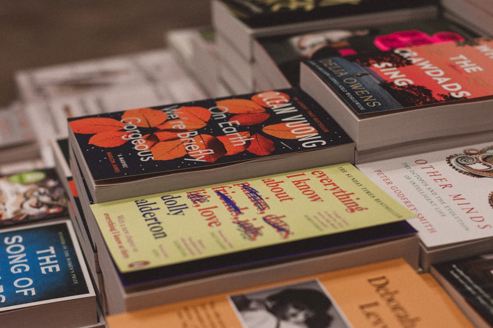 a bunch of books sitting on top of a table